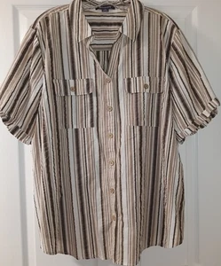 Romans Women's White & Brown Striped Short Sleeve Blouse Button Up Size 24W - Picture 1 of 5