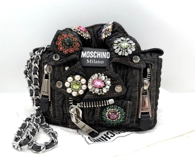 AUTH NWT Moschino Biker Crystal Embellished Quilted Denim Crossbody Bag - Image 1 of 4