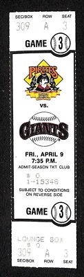 1993 Giants @ Pirates Full Ticket 4/9 Barry Bonds 2 HTs Three Rivers 88363 - Image 1 of 2
