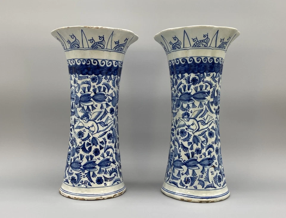 LARGE PAIR ANTIQUE CHINOISERIE BLUE AND WHITE DUTCH DELFT RIBBED BEAKER VASES - Image 1 of 4