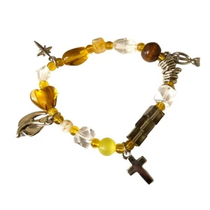 Religiös christlich braun klar gelb Perlen silberfarben Charm Stretch Armband - Bild 1 von 3
