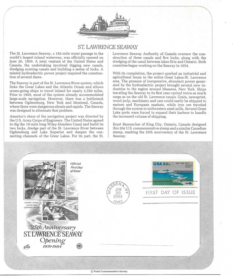 1984 St. Lawrence Seaway opening, Great Lakes Sc 2091 FDC info page PCS ArtCraft - Image 1 of 1