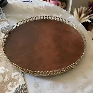 VINTAGE MID CENTURY rundes SERVIERTABLETT mit Metallrahmen und Holzsockel - Bild 1 von 4