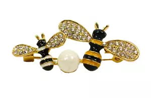 Bee Brooch Pin in white and black colors, crystals, and white round pearl  NEW - Picture 1 of 5