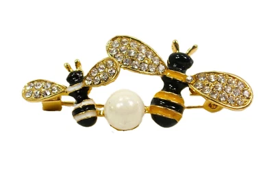 Broche Abeja Pin en Colores Blanco y Negro, Cristales y Blanco Perla Redonda NUEVO Foto 1 de 4