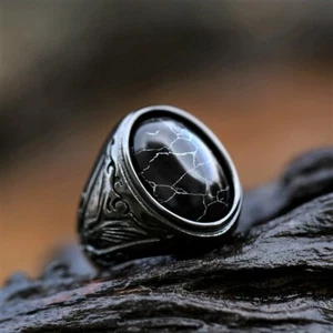 Vintage Black Celtic Ring Stainless Steel Viking Black Tiger Eye Stone Ring - Picture 1 of 11