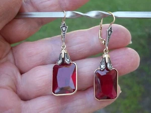 14K Vintage Emerald Cut Ruby & Diamond Drop Earrings 7.9 Grams - Picture 1 of 4