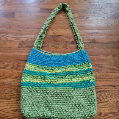 Handmade Crochet Shoulder Bag Purse Tote Striped Green/Blue 16" x 15" - Image 1 of 4