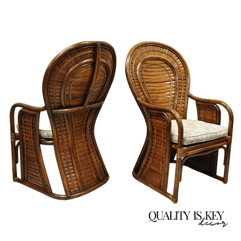 Pair Vintage Hollywood Regency Boho Chic Bentwood Rattan Fan Back Lounge Chairs Cover