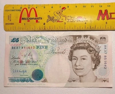 Billete de 5 libras esterlinas del Banco de Inglaterra 1990; P382 VF-EF *Locomotora Stephenson* Foto 1 de 2