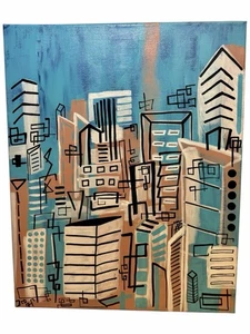 Cubismo lineare geometrico paesaggio urbano astratto olio su tela firmato vintage 20 x 16" - Foto 1 di 5