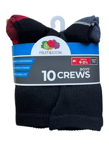 Fruit of the Loom Boys Cushioned Crew Socks - 10 Pairs - Medium - Black - Picture 1 of 4
