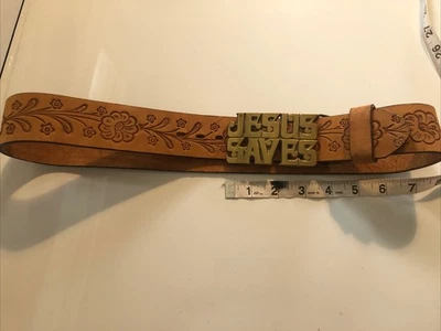 "Cinturón vintage de cuero tooled 32"" hebilla de cinturón de latón macizo Jesús salva a los religiosos" Foto 1 de 4