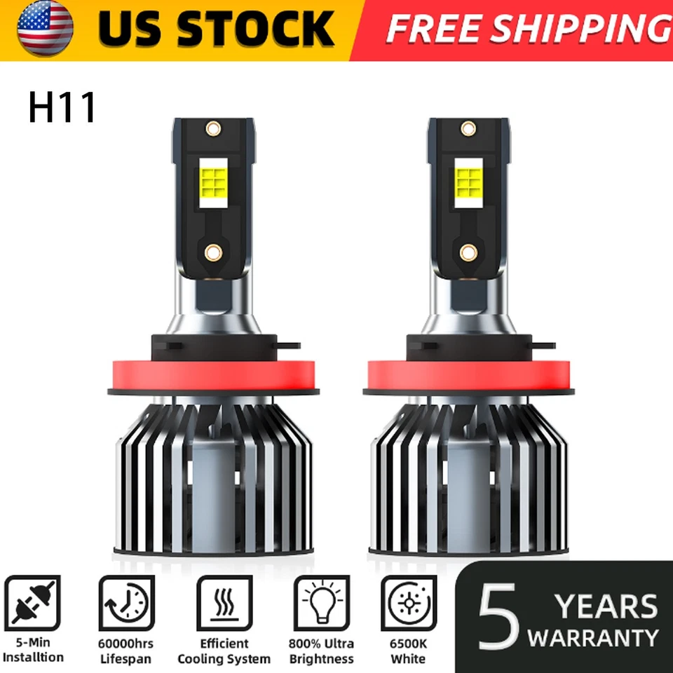 2PCS H8/H9/H11 LED Headlight Bulbs Kit High/Low Beam Super Bright 6000K - Image 1 of 4