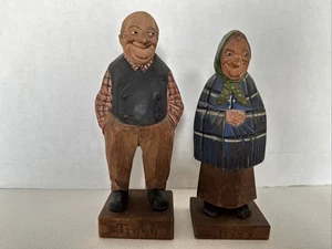 VINTAGE CARL JOHAN TRYGG MAN & WOMAN CARVED WOOD FIGURES SIGNED - Picture 1 of 12
