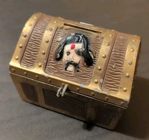 Vintage bemalte Metall Schatztruhe Bank 4"x3,5" E.J. Kahn Co. Guter Zustand - Bild 1 von 7