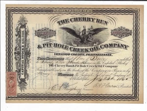 Pennsylvania 1865 Cherry Run & Pit Hole Creek Oil Co Aktienzertifikat Venango - Bild 1 von 2