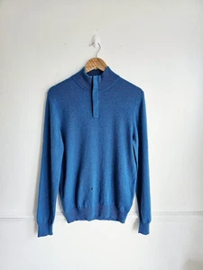 ✂️Men's 100%Pure Cashmere Jumper Zipped Collared Repair Craft Size S 8 M 10 Blue - Picture 1 of 15
