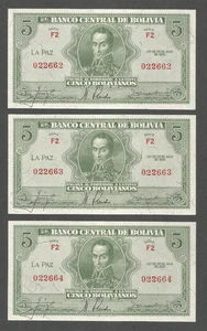 Bolivien 5 Bolivianos 20.7.1928; UNC, P-129; BNB-B318b; 3 aufeinanderfolgende Ser. # - Bild 1 von 2