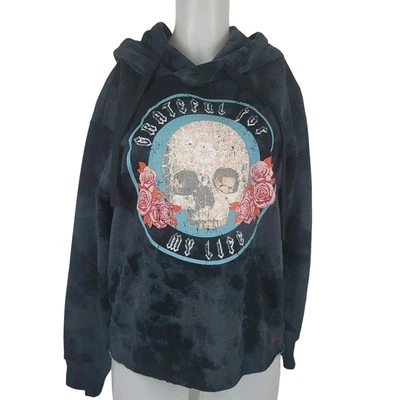 Peace Love World Hooded Black Skull Roses Tie Dye Women's Athletic Sweater S - Image 1 of 4