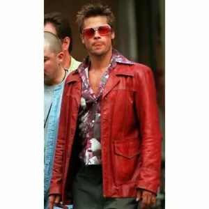 Men Red Leather Jacket Brad Pitt Fight Club Motorcycle Real Leather Coat - Picture 1 of 7