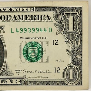 Four 9s Trinary Fancy Serial Number One Dollar Bill L49939944D FW 2017A Three 4s - Picture 1 of 8
