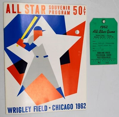 1962 Baseball All Star Game Program Press Pin Press Pass Ticket Wrigley Field - Image 1 of 3