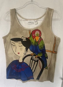 Studio T Chico’s Tank Top Woman’s 12 Woman Parrot Beaded Top Camo Artistic - Picture 1 of 8