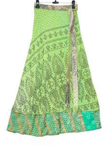 Abito da spiaggia Sushila vintage seta sari magico avvolgente verde floreale gonna reversibile - Foto 1 di 9