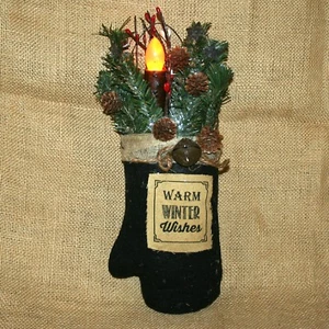 Hanging Warm Winter Wishes Mitten Stuffed Greenery LED Taper Christmas Decor - Picture 1 of 3