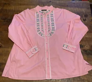 Bob Mackie Wearable Art Pink Button Front Blouse Sz L Embroidered Flowers - Picture 1 of 6