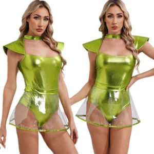 Damen Sexy Metallic Alien Kostüm Body mit Transparentem Rock Halloween Fasching - Picture 1 of 27