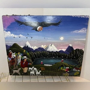 Original Oil Painting Signed by Artist Pedro Vega br Folk Art On Animal Hide - Picture 1 of 6