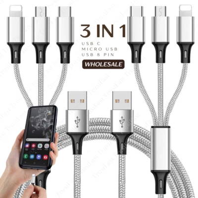Universal 3 in 1 Multiple USB Cord Fast Charging For iPhone Micro USB Type C Lot - Image 1 of 4