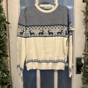 Rob Winter Vintage 1990 Acrylic Reindeer Sweater Cream/Blue Holiday Large - Picture 1 of 13