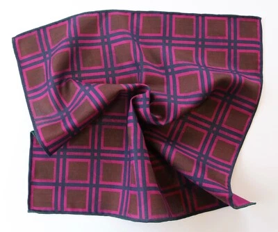 Reversible Pocket square Magenta, blue & brown Geometric 38cm square Hand rolled - Image 1 of 4