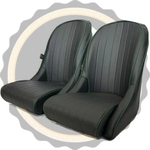 Pair BB Vintage Black / Green Piping Classic Bucket Seats Low Back + Runners - Picture 1 of 6