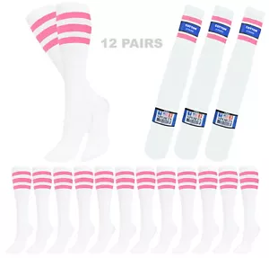 12PK Striped Tube Socks Old School Cotton Pink Stripe 22 Inch Long Socks - Picture 1 of 6