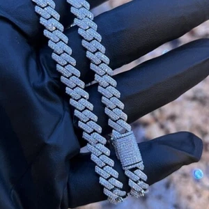 925 Silver Moissanite Miami Cuban Link Chain 12mm Wide Hip Hop Unisex Necklace - Picture 1 of 9