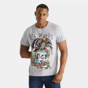 Ed Hardy Men’s XL Rhinestone Battle Skull Heather Grey Tattoo Grap Tee Shirt - Picture 1 of 8