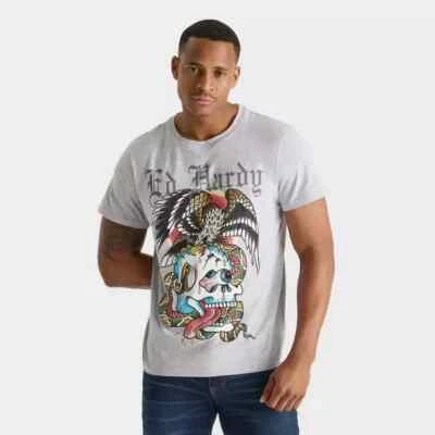 Camiseta Ed Hardy Diamantes de Imitación Batalla Calavera Gris Brezo Tatuaje Grap Para Hombre XL NUEVA CON ETIQUETAS Foto 1 de 4