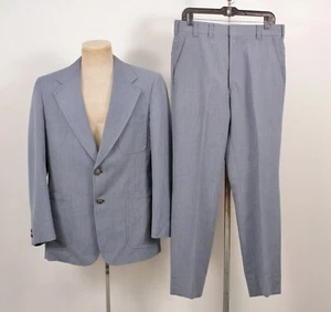 Mens VTG 70s 2 PC Blue/Grey Leisure Suit Sz M 1970s Disco Polyester - Picture 1 of 15