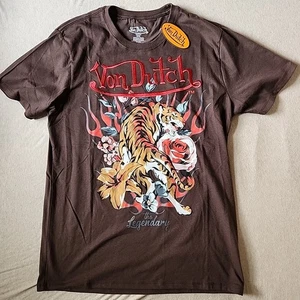Von Dutch Tiger Rose Grafica Marrone Vintage Logo T-Shirt Uomo M Nuova con etichette - Foto 1 di 17