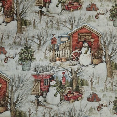 SUSAN WINGET Fabric HOLIDAY BARN  Snowman Red Barn Winter 24" Cotton - Image 1 of 2