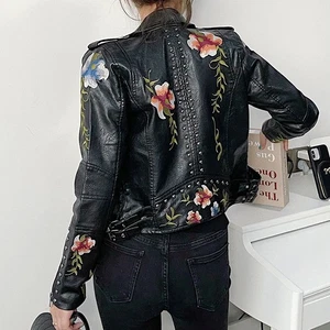Korean Womens Embroidered Punk Rivet PU Jacket Motorcycle Short Punk Floral Coat - Picture 1 of 10