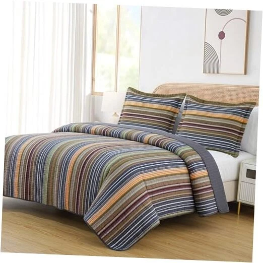  Juego de edredón de algodón a rayas Avery tamaño, 3 piezas suave prelavado King multi, verde Foto 1 de 4