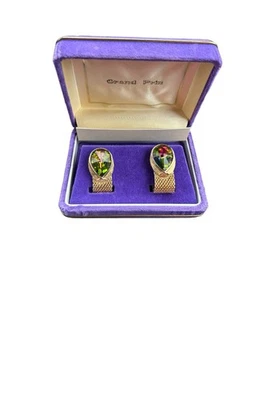 GRAND PRIX BIG SWAROVSKI CRYSTAL CUFFLINKS BLUE AURORA BOREALIS IN CASE READ - Image 1 of 4