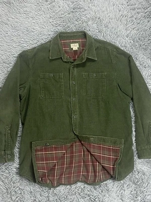 L.L. Bean Mens Flannel Lined Corduroy Shirt Mens Large Green Plaid Heavy Shacket - Image 1 of 4