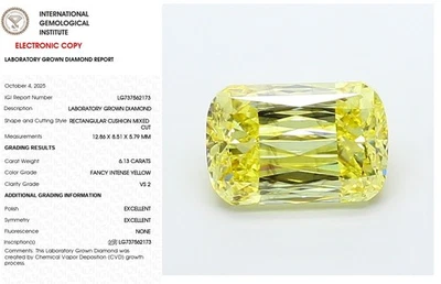 6.13 Cushion Modified Lab Grown Diamond For Ring IGI Fancy Intense Yellow VS2 - Image 1 of 4