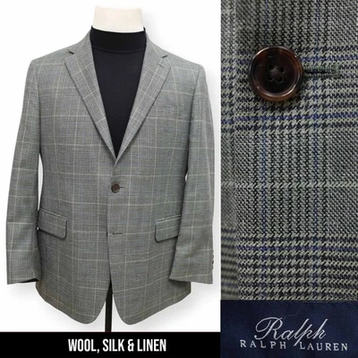 RALPH LAUREN Hombre Multicolor A CUADROS LANA SEDA LINO Abrigo Deportivo Chaqueta Blazer 40 S Foto 1 de 4